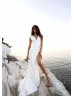 V Neck White Satin Slit Classic Wedding Dress